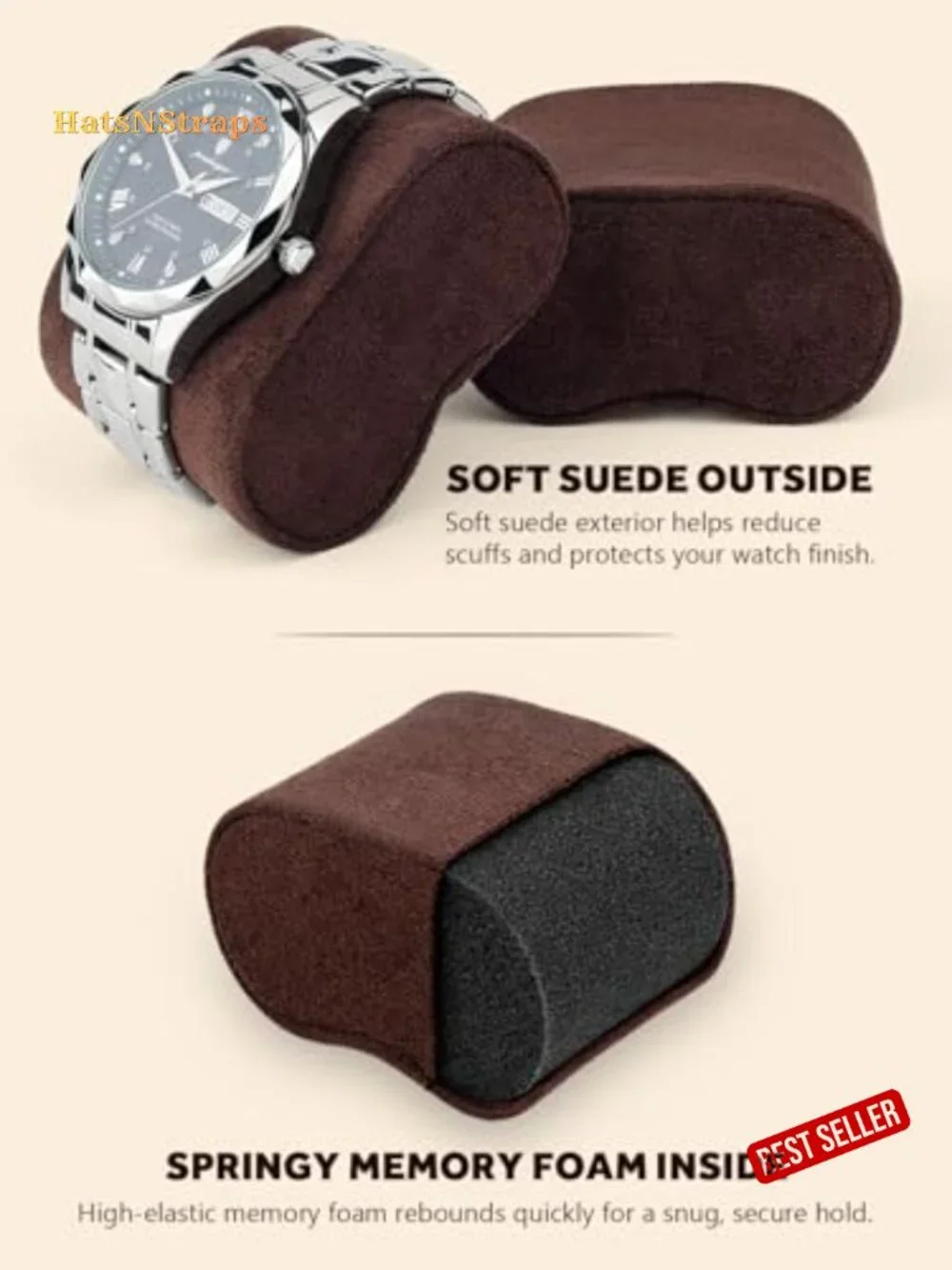 2-Slot Large Travel Watch Case for Men - PU Leather Watch Box with Suede